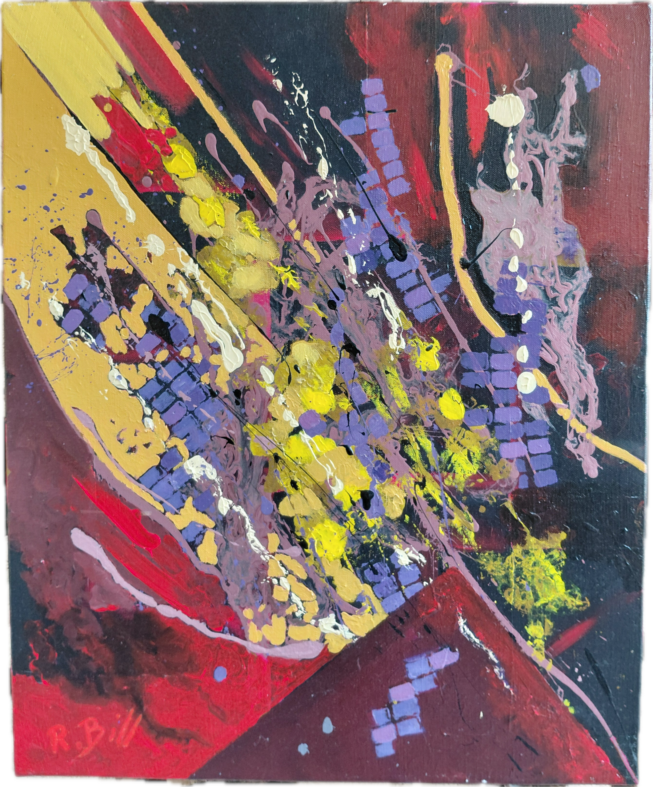Abstraction libre explosion jaune et rouge sombre